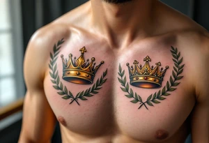 Realistic king and queen crown tattoos with metallic gold tones, surrounded by laurel leaves in muted olive green. tattoo idea