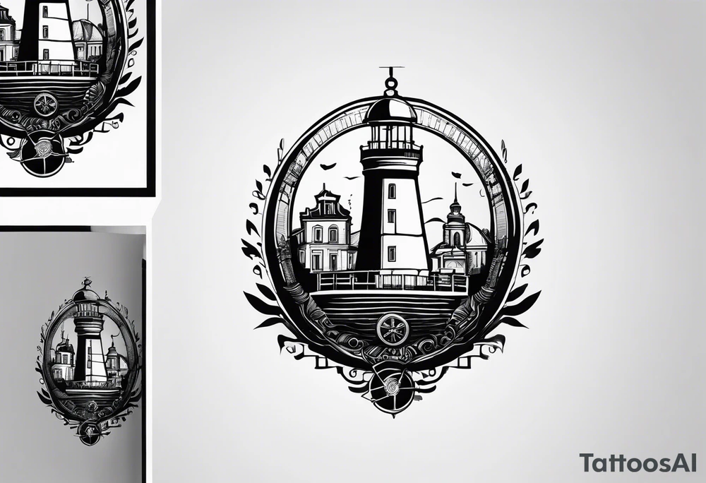 This tattoo depicts the city of Odesa. The main symbols of this city are a ship's wheel, a lighthouse, the Potemkin Stairs, and the sea. The placement of the tattoo is on the front of the thigh. tattoo idea
