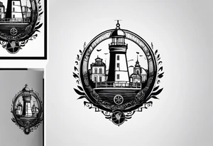 This tattoo depicts the city of Odesa. The main symbols of this city are a ship's wheel, a lighthouse, the Potemkin Stairs, and the sea. The placement of the tattoo is on the front of the thigh. tattoo idea