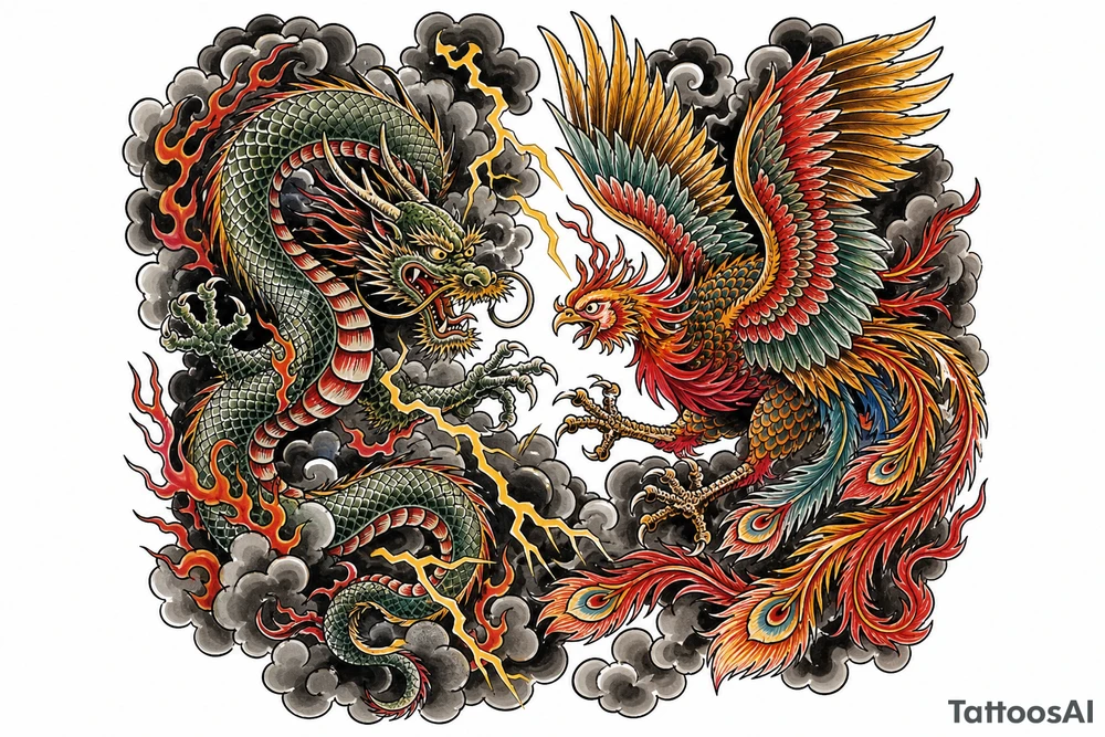 Japanese dragon and phoenix battling amidst dark storm clouds. tattoo idea