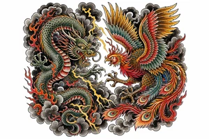 Japanese dragon and phoenix battling amidst dark storm clouds. tattoo idea