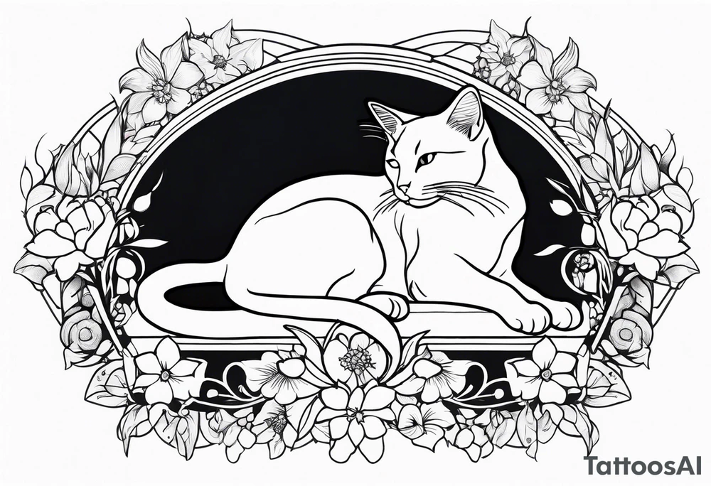 Art nouveau forearm tattoo of cat laying on back surrounded by flowers. tattoo idea
