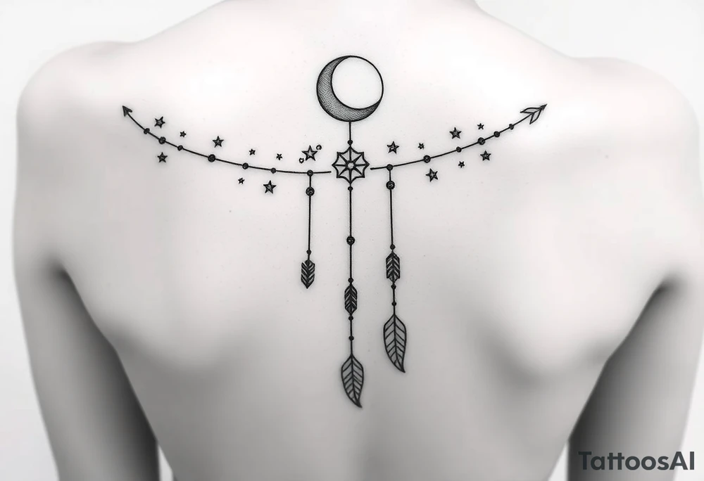 Narrow vertical memorial chain of symbols made of a moon, stars symbolizing loss, a brother and sister bond, and strength in a native script style following down the spine in with 3 vertical different lengths flowing lines made of a discreet connection of morse code ".--- .- --.     .-.. ... -.- .- .-.   -.. .. --.     .-.. .. .-.. .-.. . -... .-. --- .-. forming 3 arrow shapes connected to 3 flowing feathers hanging from the end of the morse code lines tattoo idea