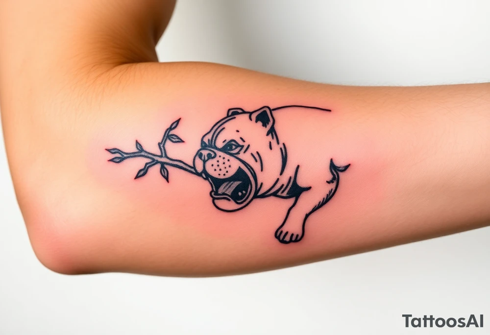 english bulldog biting branch hanging from tree medieval woodcut tattoo idea