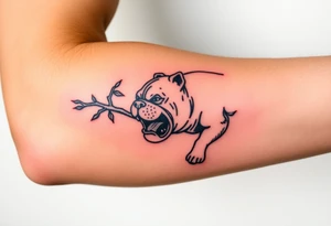 english bulldog biting branch hanging from tree medieval woodcut tattoo idea