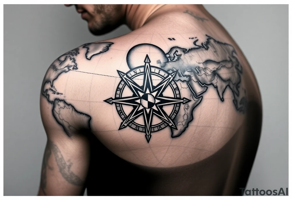 antique compass rose overlaid on weathered world map with with sun tattoo idea