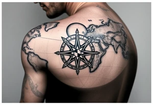 antique compass rose overlaid on weathered world map with with sun tattoo idea