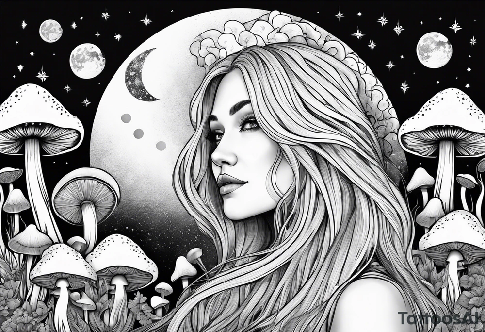 Blonde long straight hair older woman surrounded by mushrooms facing mountains crescent moon background tattoo idea