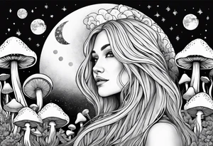Blonde long straight hair older woman surrounded by mushrooms facing mountains crescent moon background tattoo idea