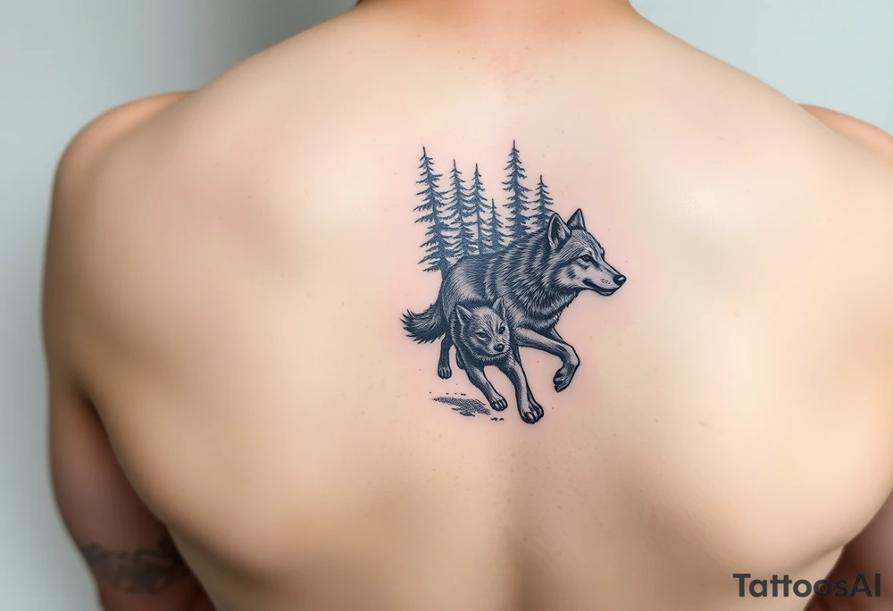 two wolves, an adult and a cub, facing the right running into a forest. A small tattoo on the front of the forearm tattoo idea