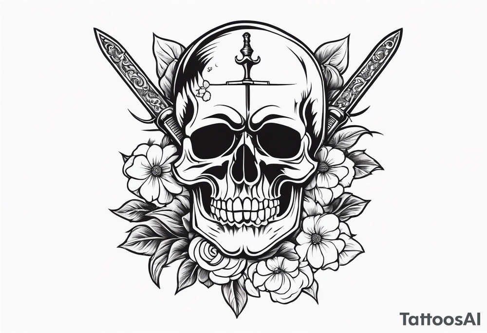 Skull with a sword stabbing through chin all the way to the top of head with flowers around the sword tattoo idea