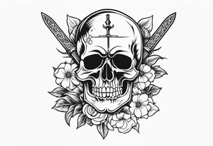 Skull with a sword stabbing through chin all the way to the top of head with flowers around the sword tattoo idea