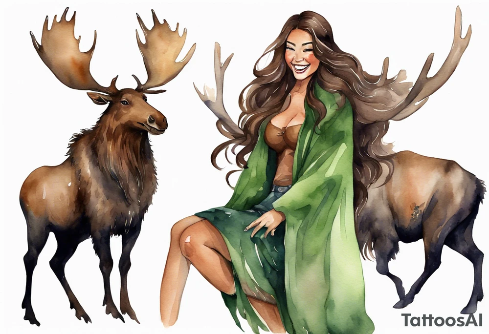 a watercolor of a curvy woman with long brown hair and brown skin and green eyes wearing a fur cloak laughing riding a moose tattoo idea