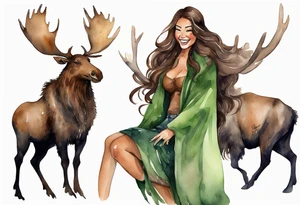 a watercolor of a curvy woman with long brown hair and brown skin and green eyes wearing a fur cloak laughing riding a moose tattoo idea