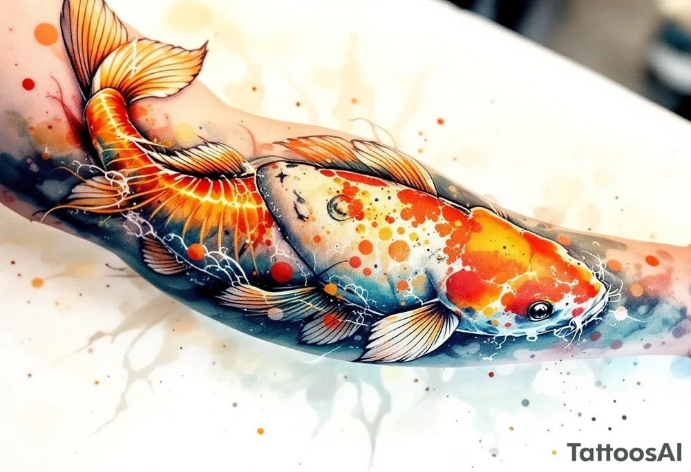 Orange and Yellow Koi with Sun Rays – A bright koi in warm sunset tones, highlighted by golden sunbeams streaming down through the water. tattoo idea