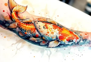 Orange and Yellow Koi with Sun Rays – A bright koi in warm sunset tones, highlighted by golden sunbeams streaming down through the water. tattoo idea