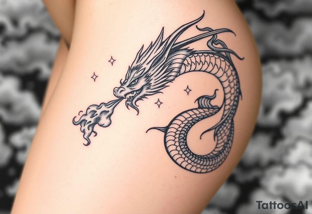 fierce dragon breathing iridescent fire against stormy skies tattoo idea