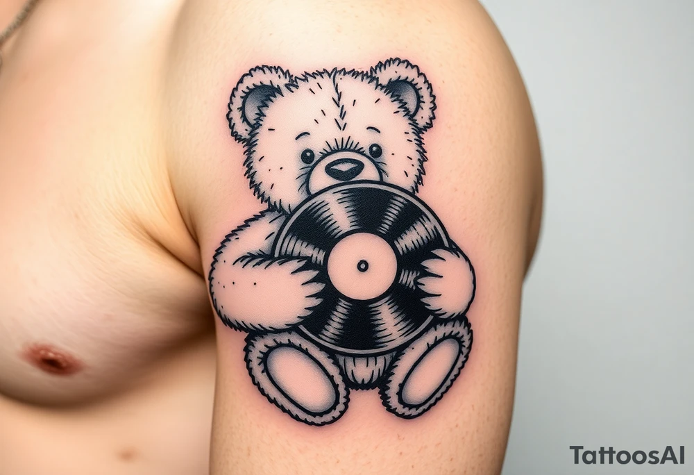 teddy bear holding a vinyl record tattoo idea