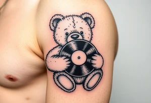 teddy bear holding a vinyl record tattoo idea