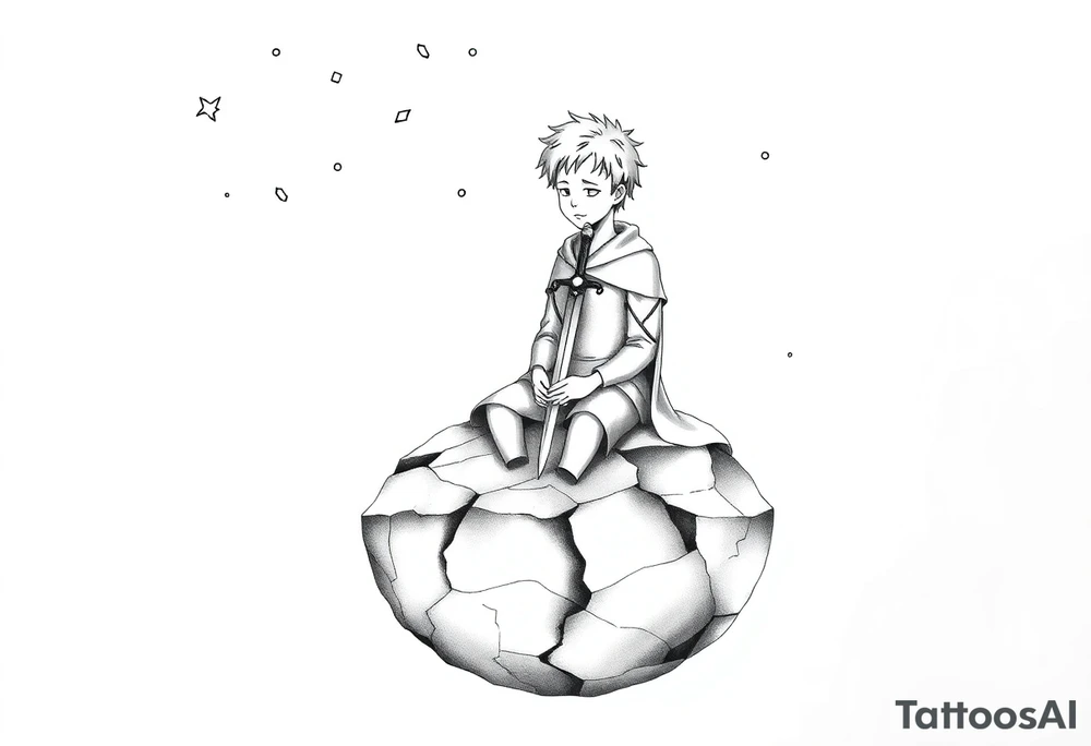 A reimagined masculine version of The Little Prince sitting on a cracked, floating planet. He has a calm, contemplative expression, wearing a slightly worn cloak with geometric markings. Behind him floats a broken clock with exposed gears, representing anxiety and overthinking. Instead of a rose, a flower wraps around a sword stuck into the ground—symbolizing love and emotional struggle. A glowing star burns in his chest, symbolizing inner strength and controlled passion. Around him are small floating fragments, like puzzle pieces or mechanical parts—representing deep thought and attention to detail. The sky shows incomplete constellations, symbolizing the search for connection and meaning. Style: fine line with surrealist touches, black and grey, minimalist shading. tattoo idea
