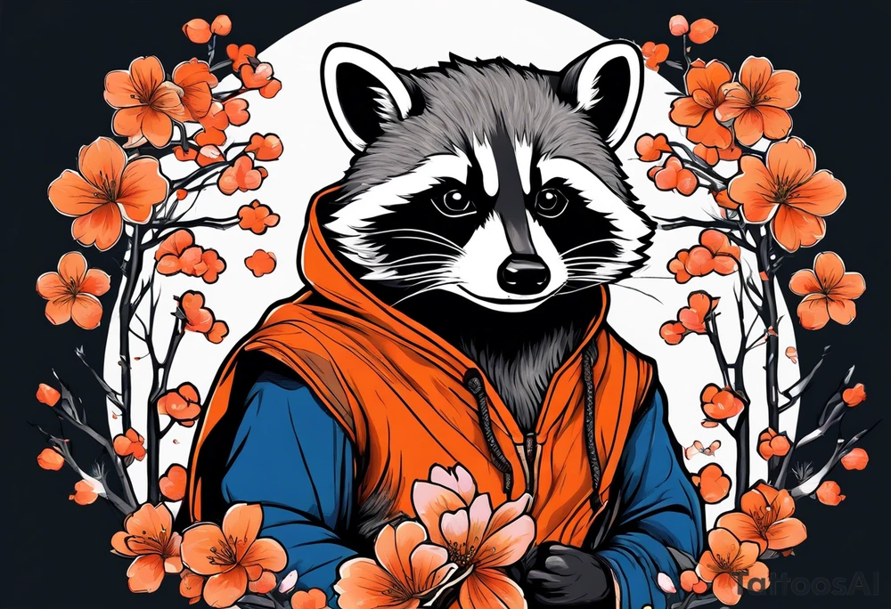 raccoon wearing a black and white Superman hoodie and orange Japanese cherry blossoms tattoo idea