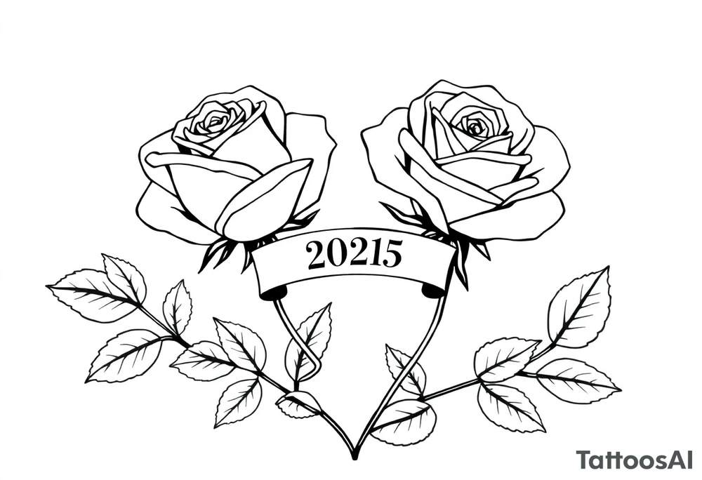 two beautiful large rose buds, one larger than the other, with many leaves next to the rose buds, with one sitting higher than the other. Include a banner connecting the two roses with the year "2025" on it.   Use dark outlines with little shading. The two stems should be short, not long, and connect and join into one stem, whimsically curved or twisted - not straight down. tattoo idea