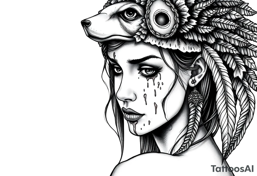Beautiful Woman with battle scars and blood on face wearing dead bear headdress on head tattoo idea