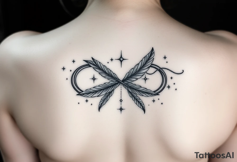 infinity symbol woven with floating feathers and stardust tattoo idea
