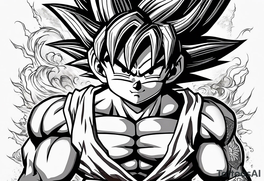 little Son-Goku in the foreground and an older version of him as a super sayin behind him tattoo idea