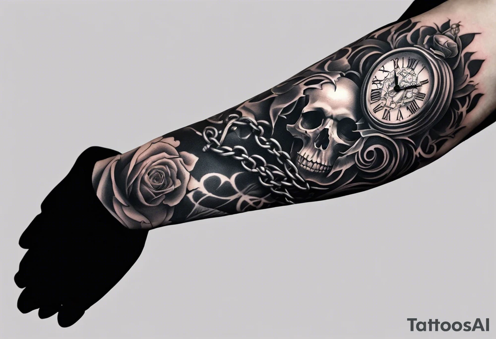 tattoo fool sleeve, tree roots break out of the chains at the bottom of the hand, broken mask, Clock with flying numbers, girl, skull, roses, less shadows tattoo idea