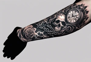 tattoo fool sleeve, tree roots break out of the chains at the bottom of the hand, broken mask, Clock with flying numbers, girl, skull, roses, less shadows tattoo idea
