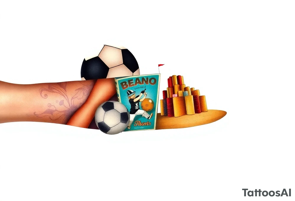 Collage of childhood memories including a football, a cricket bat, the Beano comic, a sandcastle and a small pile of books. tattoo idea