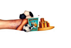 Collage of childhood memories including a football, a cricket bat, the Beano comic, a sandcastle and a small pile of books. tattoo idea