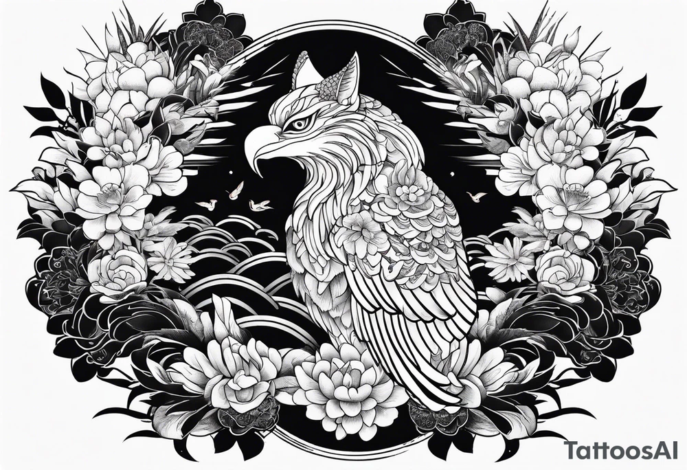 Japanese traditional style black and white Hamsa with tiger and crane  fighting inside tattoo idea