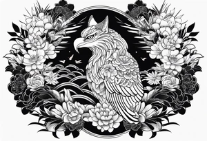 Japanese traditional style black and white Hamsa with tiger and crane  fighting inside tattoo idea