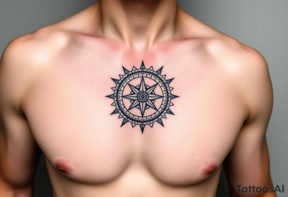 Chest tattoo with Roman stoic theme with sun dial compass tattoo idea