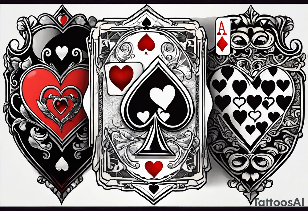 8 aces, overlapping in a row, first two faded/broken aces of hearts tattoo idea