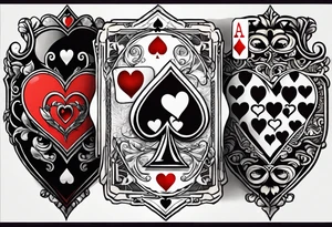 8 aces, overlapping in a row, first two faded/broken aces of hearts tattoo idea