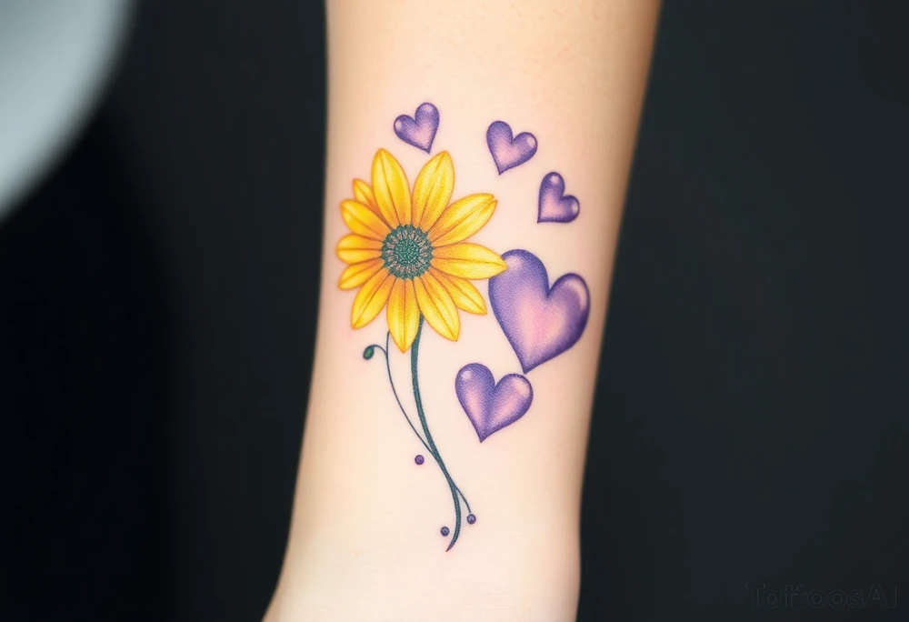 Yellow daisy & Purple Hearts tattoo idea