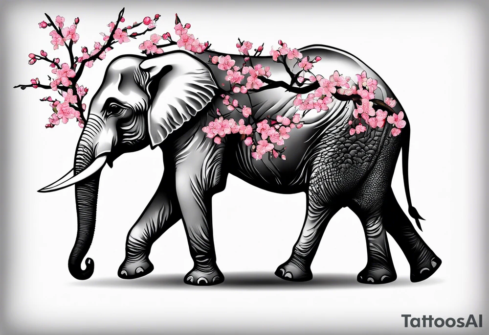 Elephant with cherry blossom tree tattoo idea