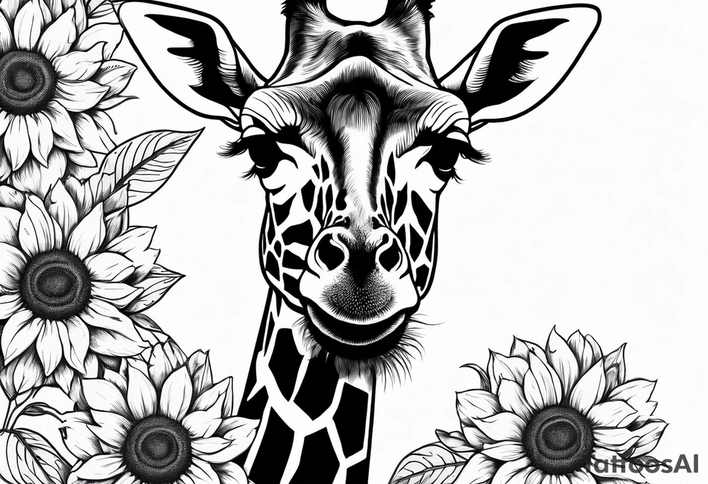 giraffe front view with sunflower and leafs tattoo idea