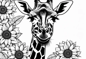 giraffe front view with sunflower and leafs tattoo idea