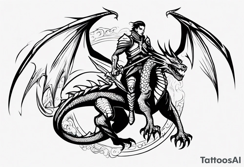 a simple wyvern with a dragon rider human in dragon armor tattoo idea
