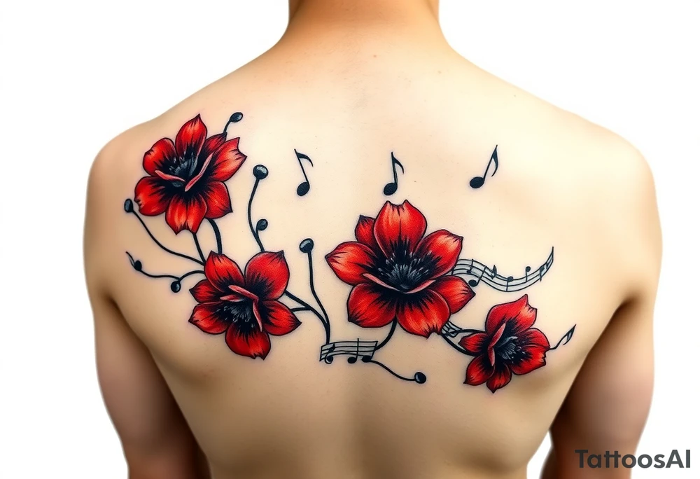 Red flowers with black music notes tattoo idea