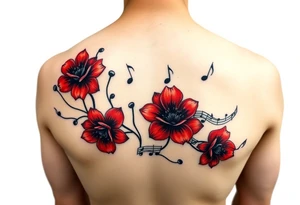 Red flowers with black music notes tattoo idea