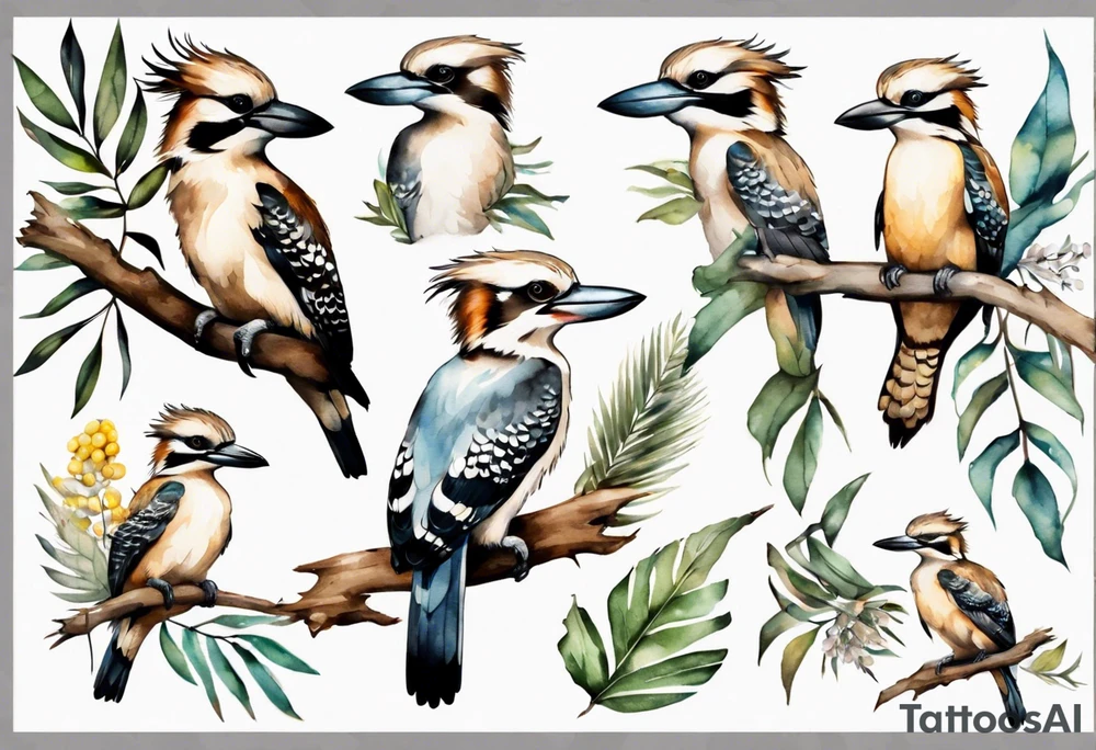 kookaburra sitting on wattle leaves tattoo idea