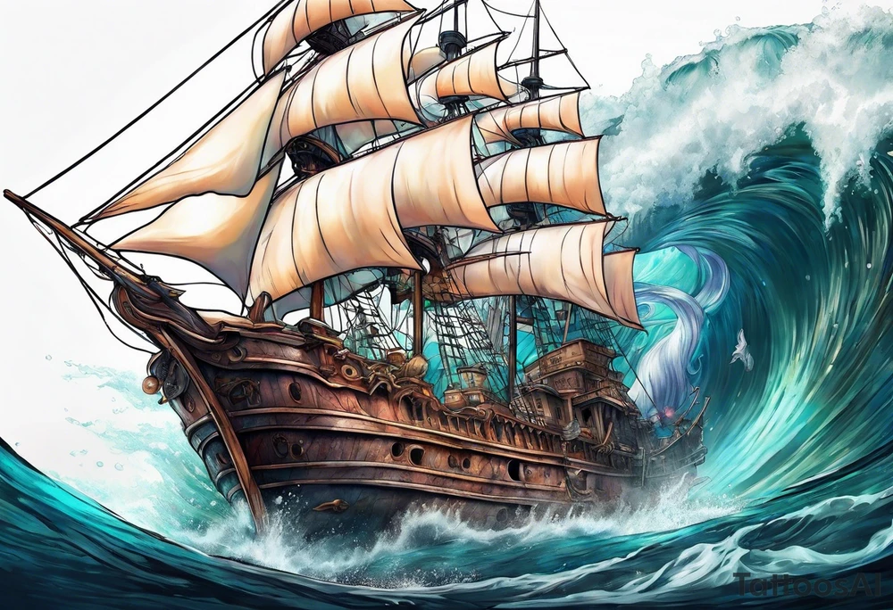 mermaid swimming next to a ghost ship tattoo idea