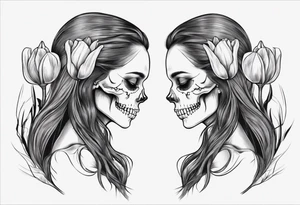 sideview of smiling female skull with long hair, one decayed tulip, one perfect tulip and one tulip bud tattoo idea