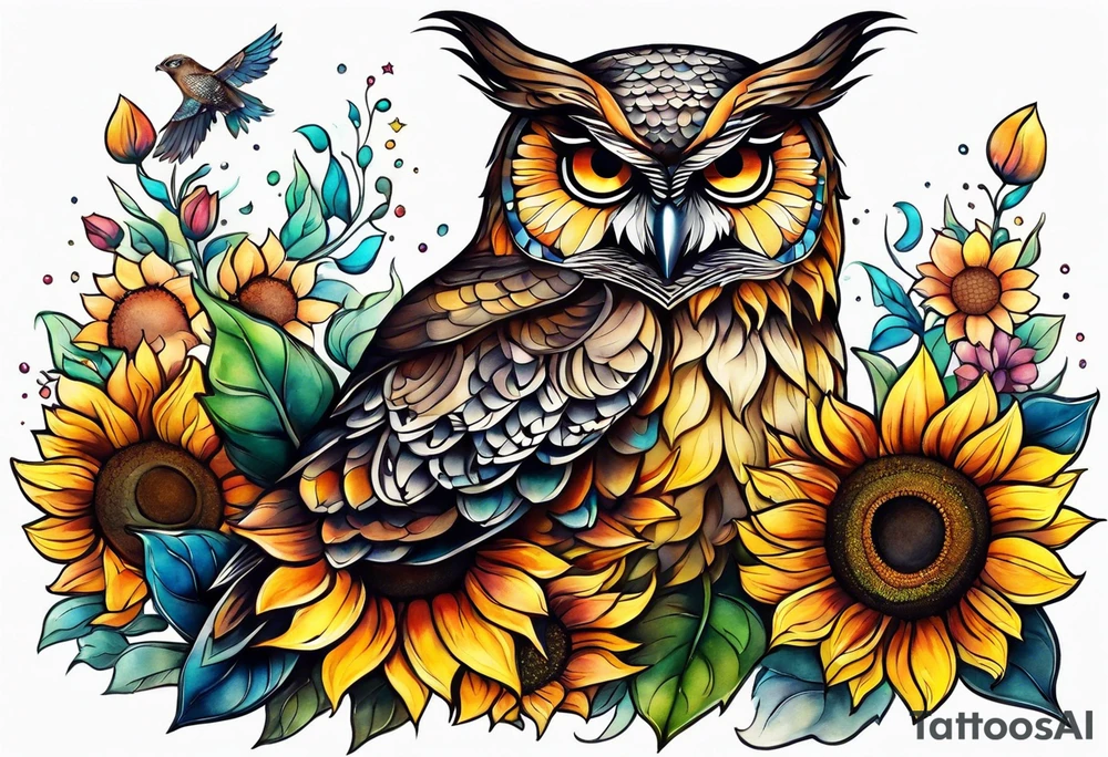 Leg sleeve with colorful sunflowers and an owl tattoo idea