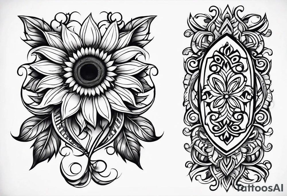 Tribal sunflower leg sleeve tattoo idea